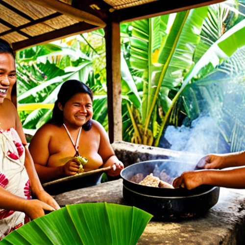 Home 4 **
A vibrant, eye-level shot inside a Samoan 'umu' (earth oven). Hot stones are layered with banana leaves wrapping traditional dishes like palusami and roast pig. Several generations of a family, from elders to young children, are actively involved in the cooking process, smiling and sharing stories. Smoke gently rises, filling the air with a warm, earthy aroma. The scene evokes a sense of community, tradition, and the centrality of food in Samoan culture. Focus on the rich textures and warm colors of the food and the joyful expressions of the people.
**