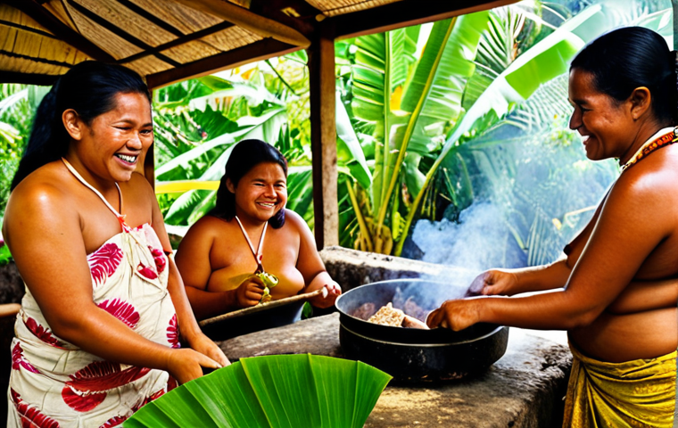 **
A vibrant, eye-level shot inside a Samoan 'umu' (earth oven). Hot stones are layered with banana leaves wrapping traditional dishes like palusami and roast pig. Several generations of a family, from elders to young children, are actively involved in the cooking process, smiling and sharing stories. Smoke gently rises, filling the air with a warm, earthy aroma. The scene evokes a sense of community, tradition, and the centrality of food in Samoan culture. Focus on the rich textures and warm colors of the food and the joyful expressions of the people.
**