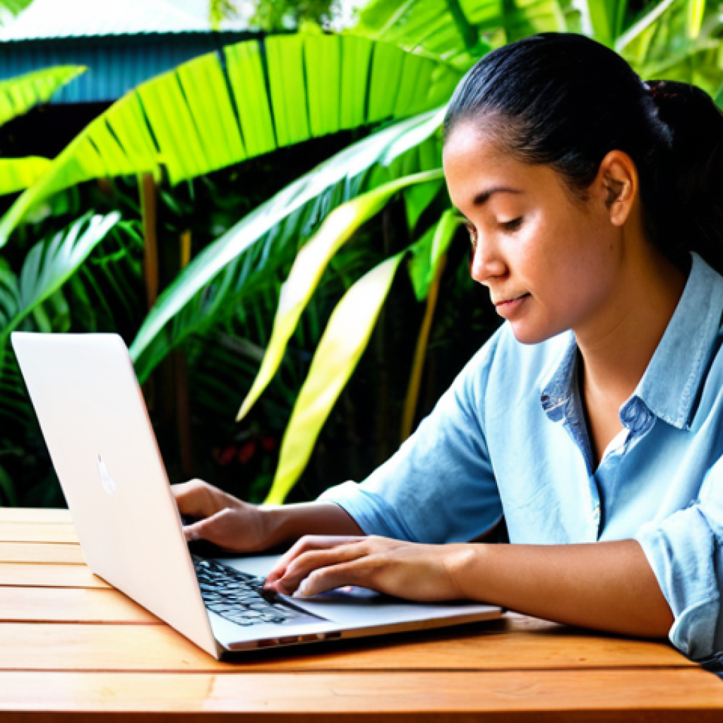 Digital Nomad in Samoa**
"A fully clothed digital nomad working on a laptop at a cafe in Apia, Samoa. The cafe has an open-air design with lush tropical plants visible in the background. She is wearing modest, comfortable clothing suitable for a warm climate. The scene conveys a sense of relaxed productivity. Safe for work, appropriate content, perfect anatomy, correct proportions, natural pose, well-formed hands, proper finger count, natural body proportions, professional, family-friendly, high quality, professional photography."
**