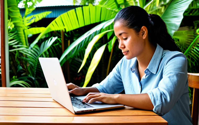 Digital Nomad in Samoa**
"A fully clothed digital nomad working on a laptop at a cafe in Apia, Samoa. The cafe has an open-air design with lush tropical plants visible in the background. She is wearing modest, comfortable clothing suitable for a warm climate. The scene conveys a sense of relaxed productivity. Safe for work, appropriate content, perfect anatomy, correct proportions, natural pose, well-formed hands, proper finger count, natural body proportions, professional, family-friendly, high quality, professional photography."
**