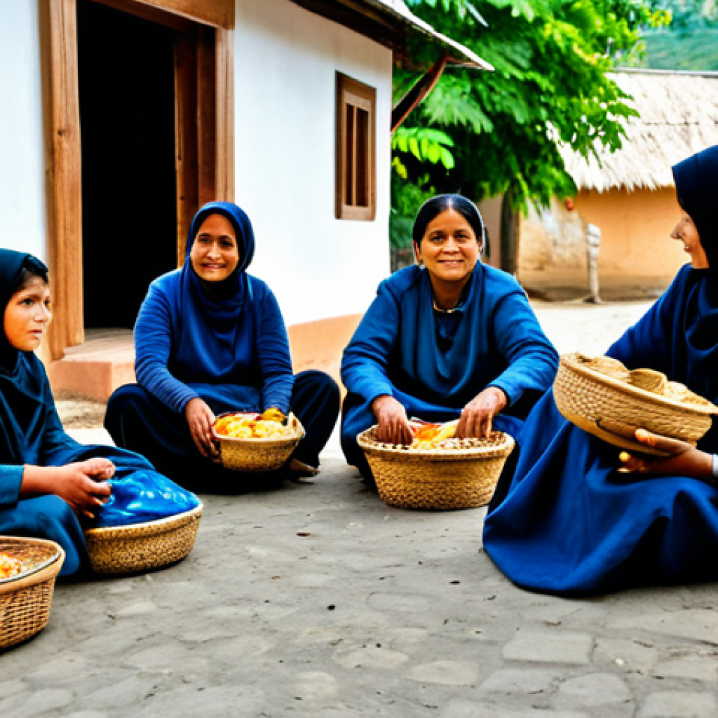 **Image Prompt 1: Community 'Lave' Scene**
"A group of fully clothed people in a village setting, bringing food baskets and woven mats as 'lave' to a family sitting outside their home. Appropriate attire, modest clothing, safe for work, family-friendly scene, perfect anatomy, correct proportions, natural poses, high quality, professional photography."