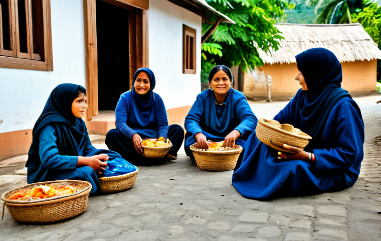 **Image Prompt 1: Community 'Lave' Scene**
"A group of fully clothed people in a village setting, bringing food baskets and woven mats as 'lave' to a family sitting outside their home. Appropriate attire, modest clothing, safe for work, family-friendly scene, perfect anatomy, correct proportions, natural poses, high quality, professional photography."