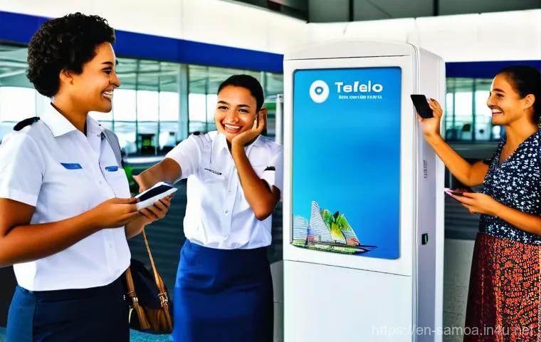 사모아에서 사용할 수 있는 SIM 카드 및 데이터 요금제 - **Prompt: Arrival and Local SIM Card Activation at Faleolo International Airport**
"A bright, we...