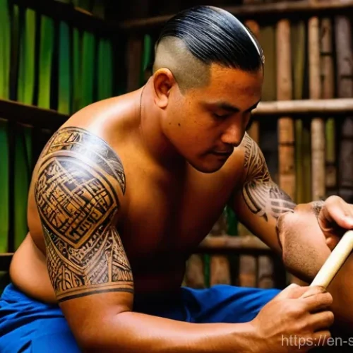 Home 19 사모아 원주민 타투 의미 - **A master artisan applying a Pe'a:** A highly detailed depiction of a male *Tufuga ta Tatau* (maste...