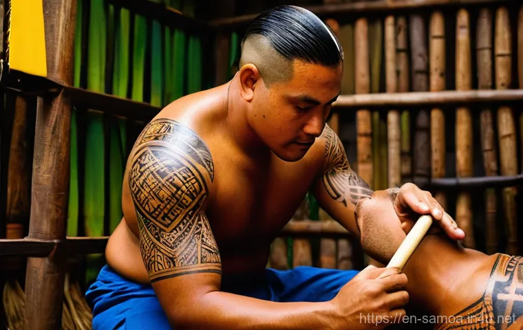 사모아 원주민 타투 의미 - **A master artisan applying a Pe'a:** A highly detailed depiction of a male *Tufuga ta Tatau* (maste...