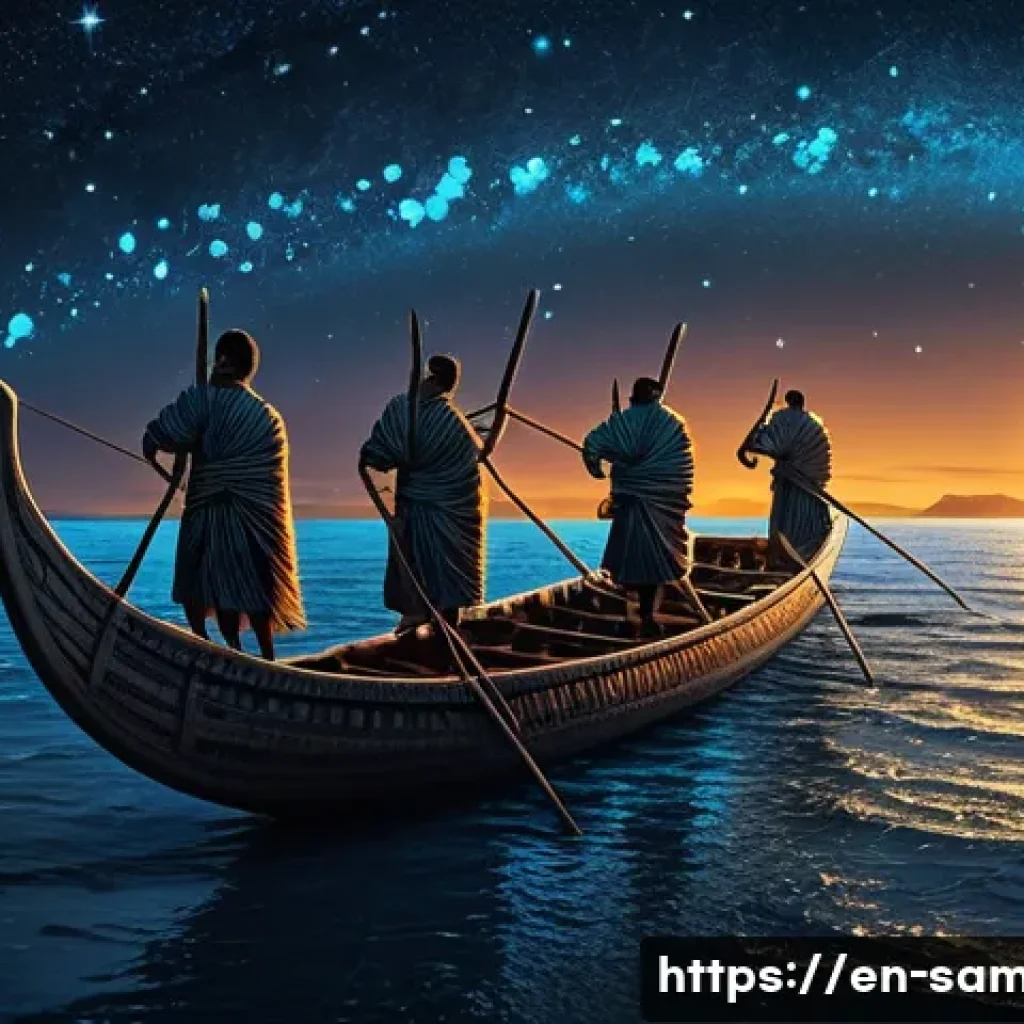 사모아 역사 속 주요 사건 정리 - **Prompt:** A serene and powerful depiction of ancient Polynesian voyagers. A group of strong, deter...