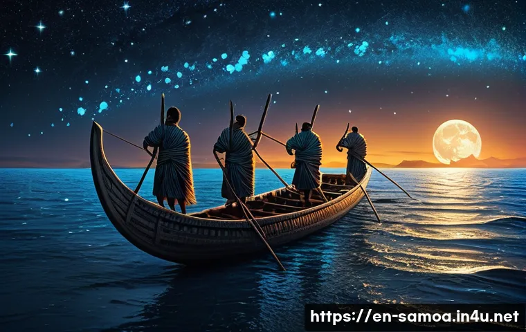 사모아 역사 속 주요 사건 정리 - **Prompt:** A serene and powerful depiction of ancient Polynesian voyagers. A group of strong, deter...
