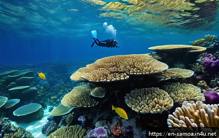 사모아 다이빙 및 스노클링 명소 - A vibrant underwater coral garden in Samoa, featuring healthy, colorful coral formations with a vari...