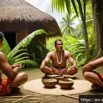 사모아에서의 원주민 문화 투어 - A vibrant Samoan village scene during a traditional kava ceremony, featuring men and women dressed i...