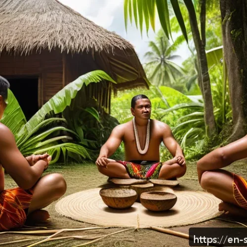 사모아에서의 원주민 문화 투어 - A vibrant Samoan village scene during a traditional kava ceremony, featuring men and women dressed i...