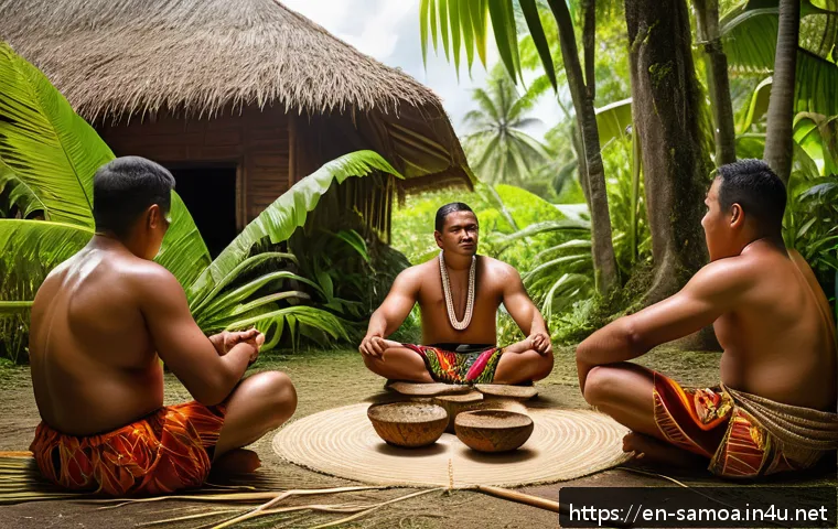 사모아에서의 원주민 문화 투어 - A vibrant Samoan village scene during a traditional kava ceremony, featuring men and women dressed i...
