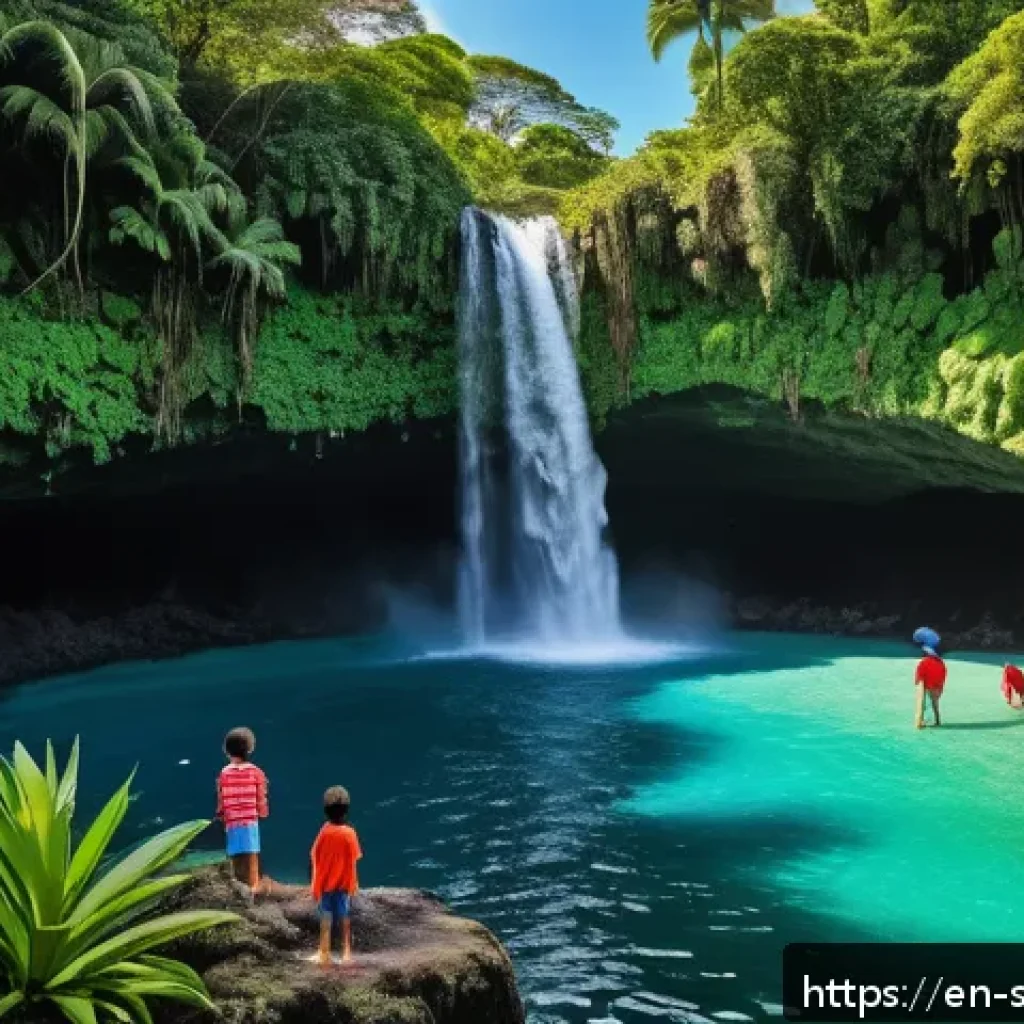 사모아에서의 가족 여행 가이드 - A vibrant family scene at To Sua Ocean Trench in Samoa, featuring children wearing colorful swimsuit...