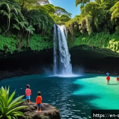 사모아에서의 가족 여행 가이드 - A vibrant family scene at To Sua Ocean Trench in Samoa, featuring children wearing colorful swimsuit...