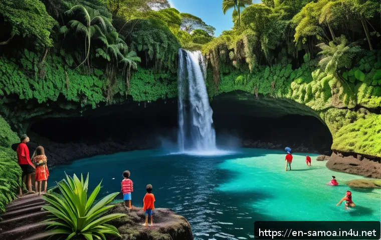 사모아에서의 가족 여행 가이드 - A vibrant family scene at To Sua Ocean Trench in Samoa, featuring children wearing colorful swimsuit...