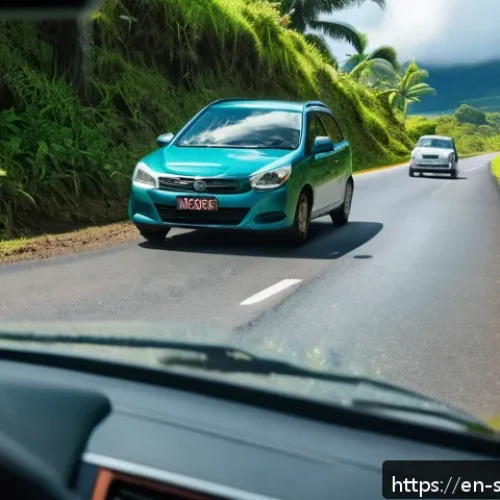 사모아에서 운전 시 주의할 점 - A detailed scene of a tourist driving a right-hand drive rental car on a narrow, winding rural road ...
