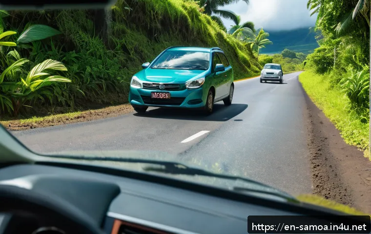 사모아에서 운전 시 주의할 점 - A detailed scene of a tourist driving a right-hand drive rental car on a narrow, winding rural road ...