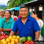 사모아 치안 상황 분석 - A vibrant street market scene in Apia, Samoa, showing friendly local vendors and tourists interactin...