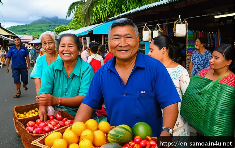 사모아 치안 상황 분석 - A vibrant street market scene in Apia, Samoa, showing friendly local vendors and tourists interactin...