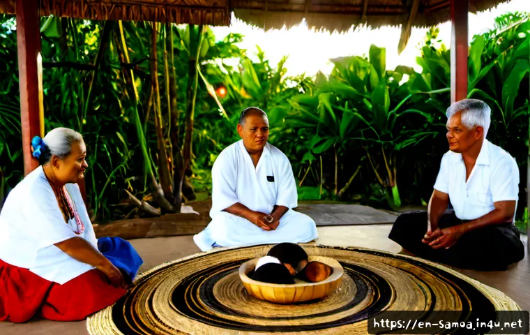 사모아 전통 의례와 의식 - Photorealistic Samoan ava ceremony in an open-air fale at sunrise, respected elders and community me...