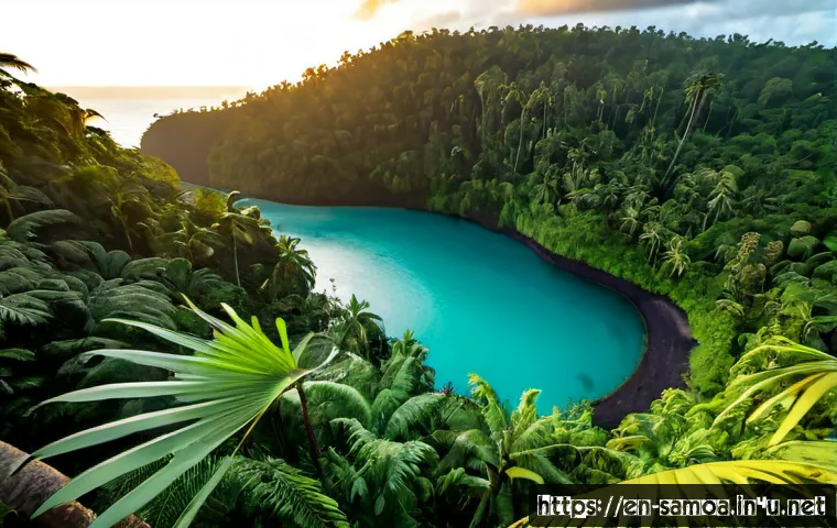 사모아 야생 동물 보호구역 - Photorealistic wide-angle view of a Samoa wildlife sanctuary at sunrise, a lush tropical rainforest ...