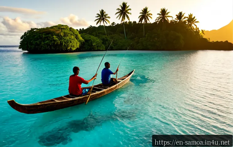 사모아에서의 로컬 피싱 투어 - Photorealistic sunrise scene in Samoa, friendly local fishing guide and two adult visitors aboard a ...